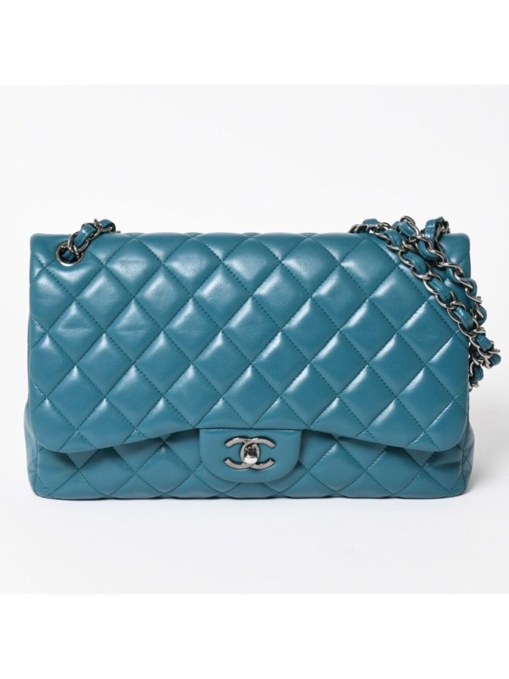 Chanel Maxi Quilted 30 Double Flap Chain Shoulder Bag CC Logo Lambskin Turquoise
